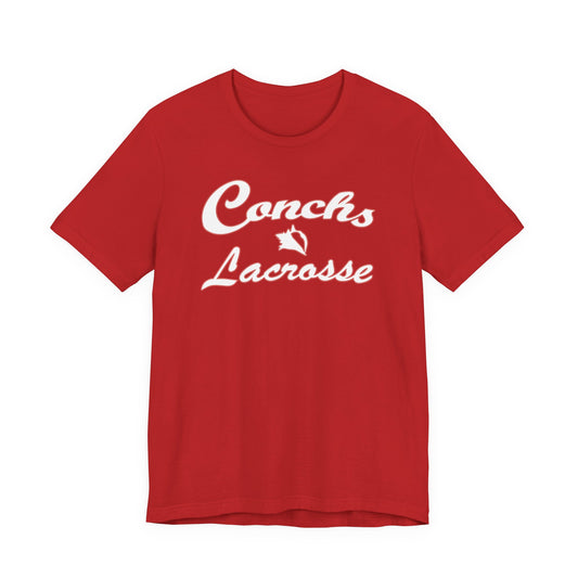 Red t-shirt with 'Conchs Lacrosse' text on a white background