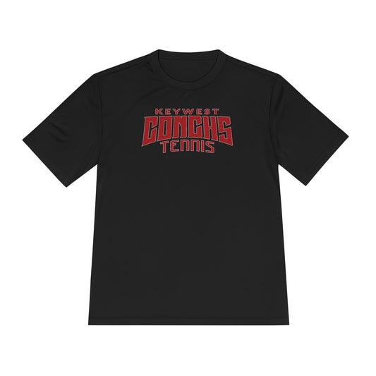 Black t-shirt with 'Keywest Conchs Tennis' in red and white text on a white background