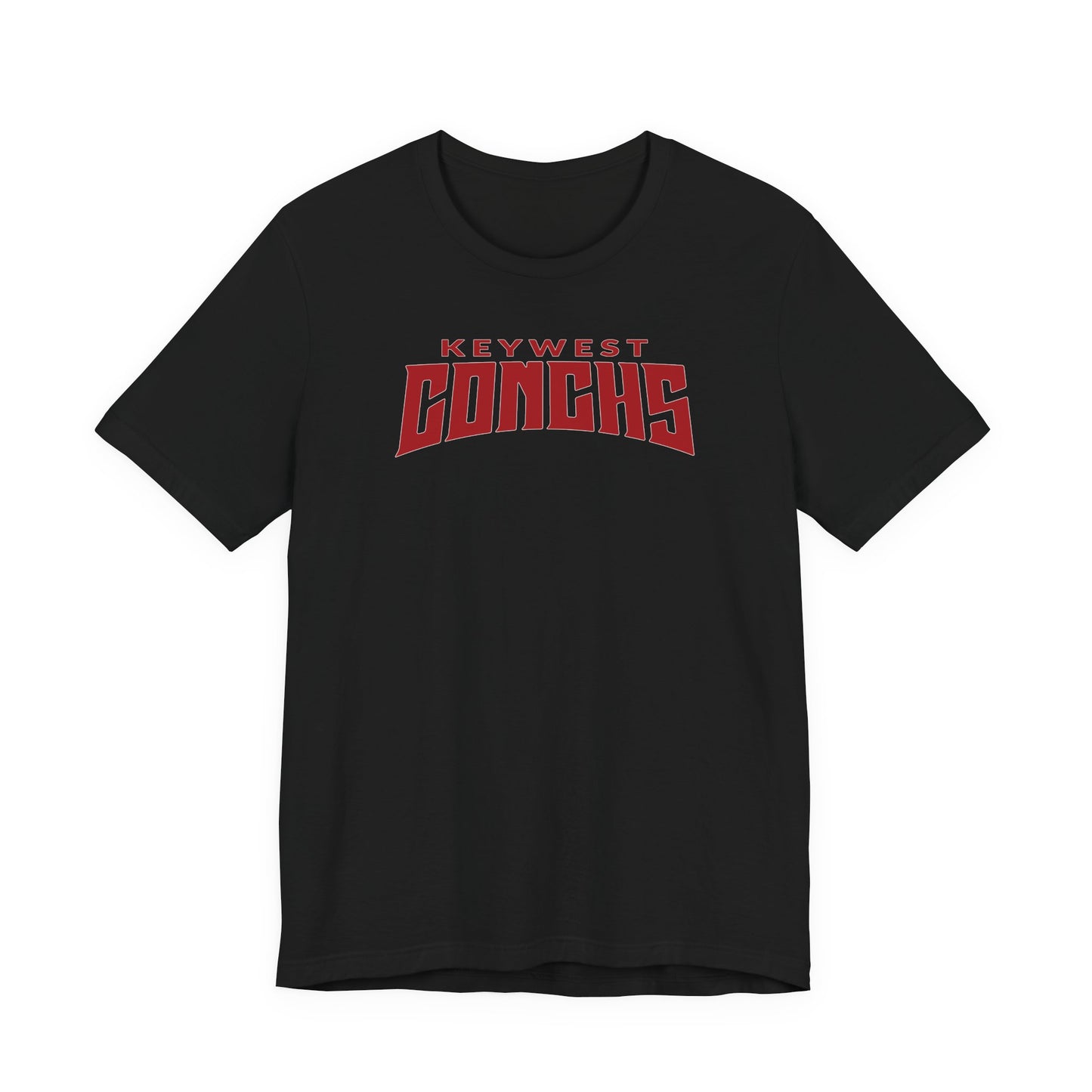 Black t-shirt with 'Keywest Conchs' text in red on a white background