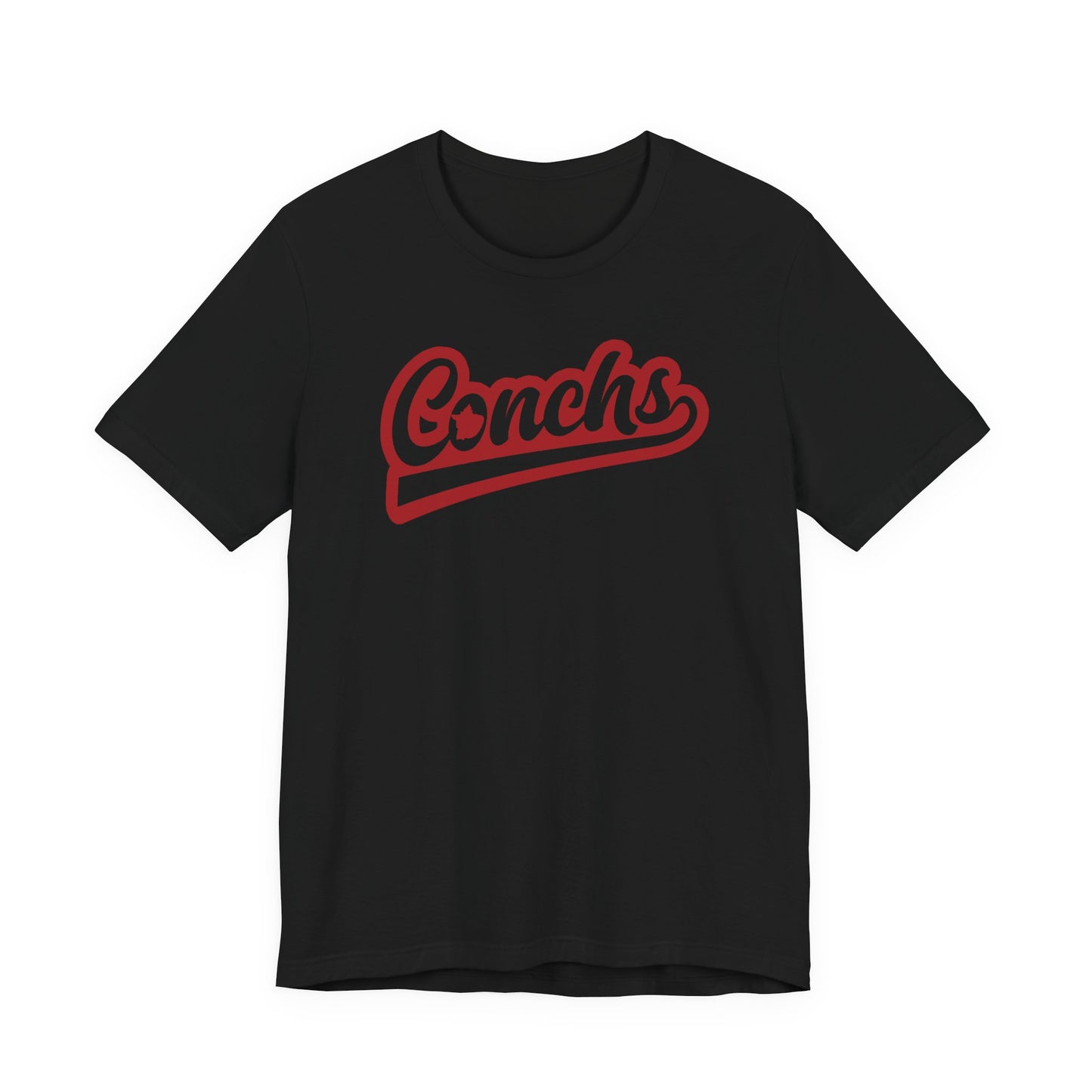 Black t-shirt with red 'Conchs' text on a white background