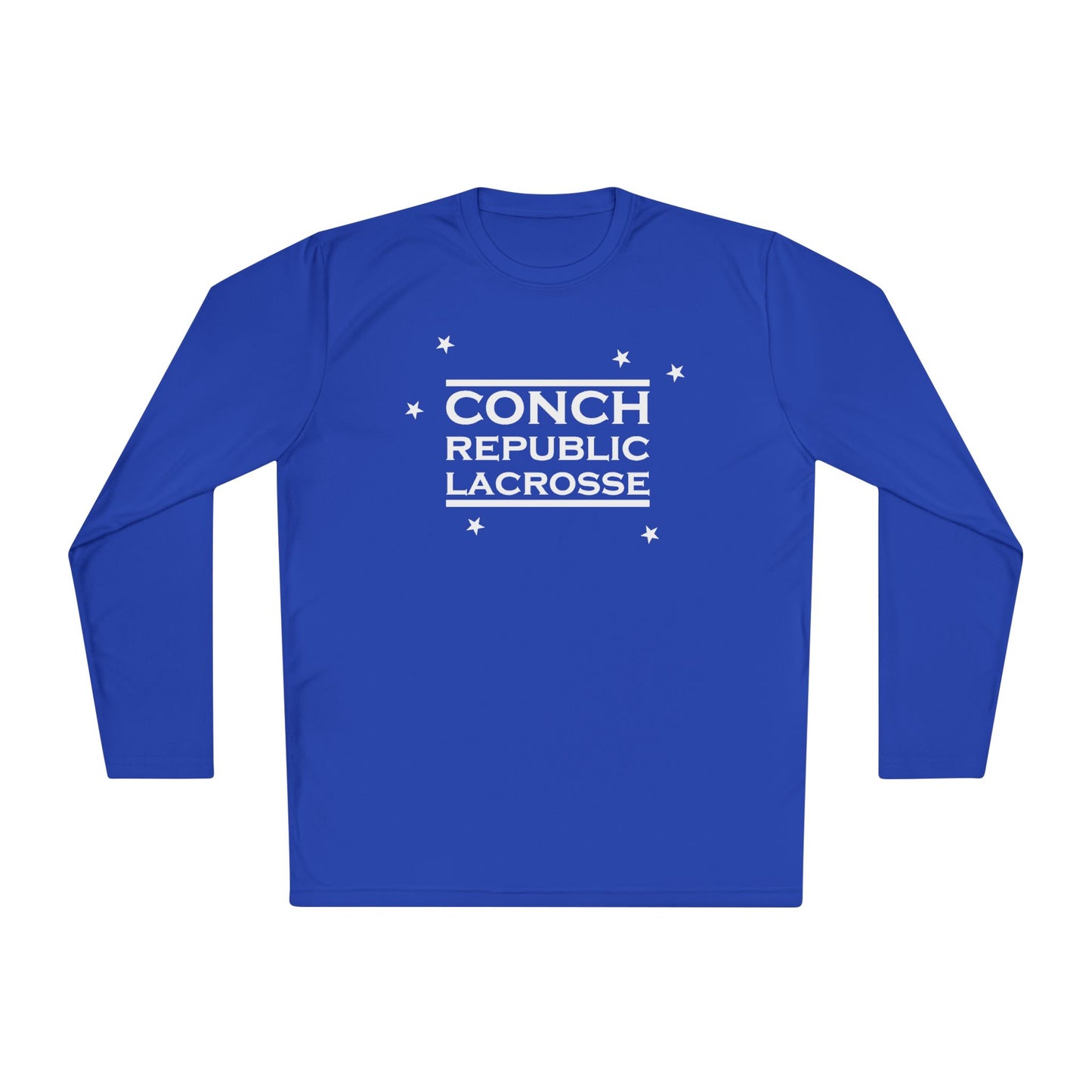 Blue long-sleeve shirt with 'Conch Republic Lacrosse' text on a white background