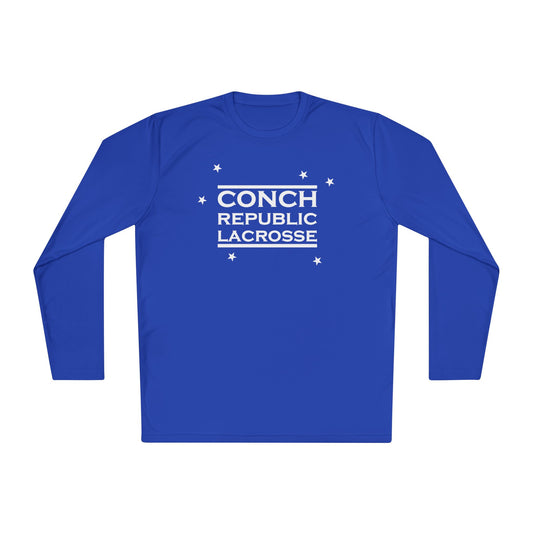Blue long-sleeve shirt with 'Conch Republic Lacrosse' text on a white background