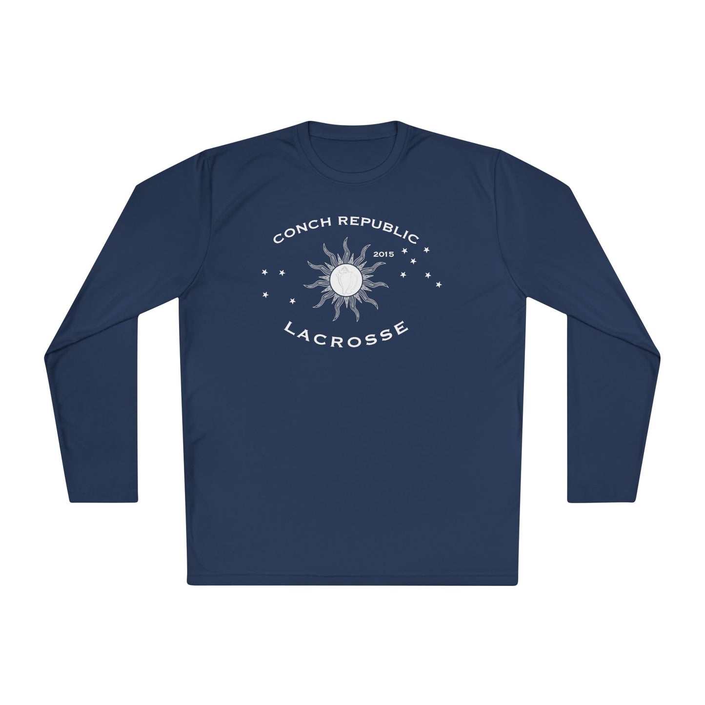 Navy blue long-sleeve shirt with white graphic and text on a white background