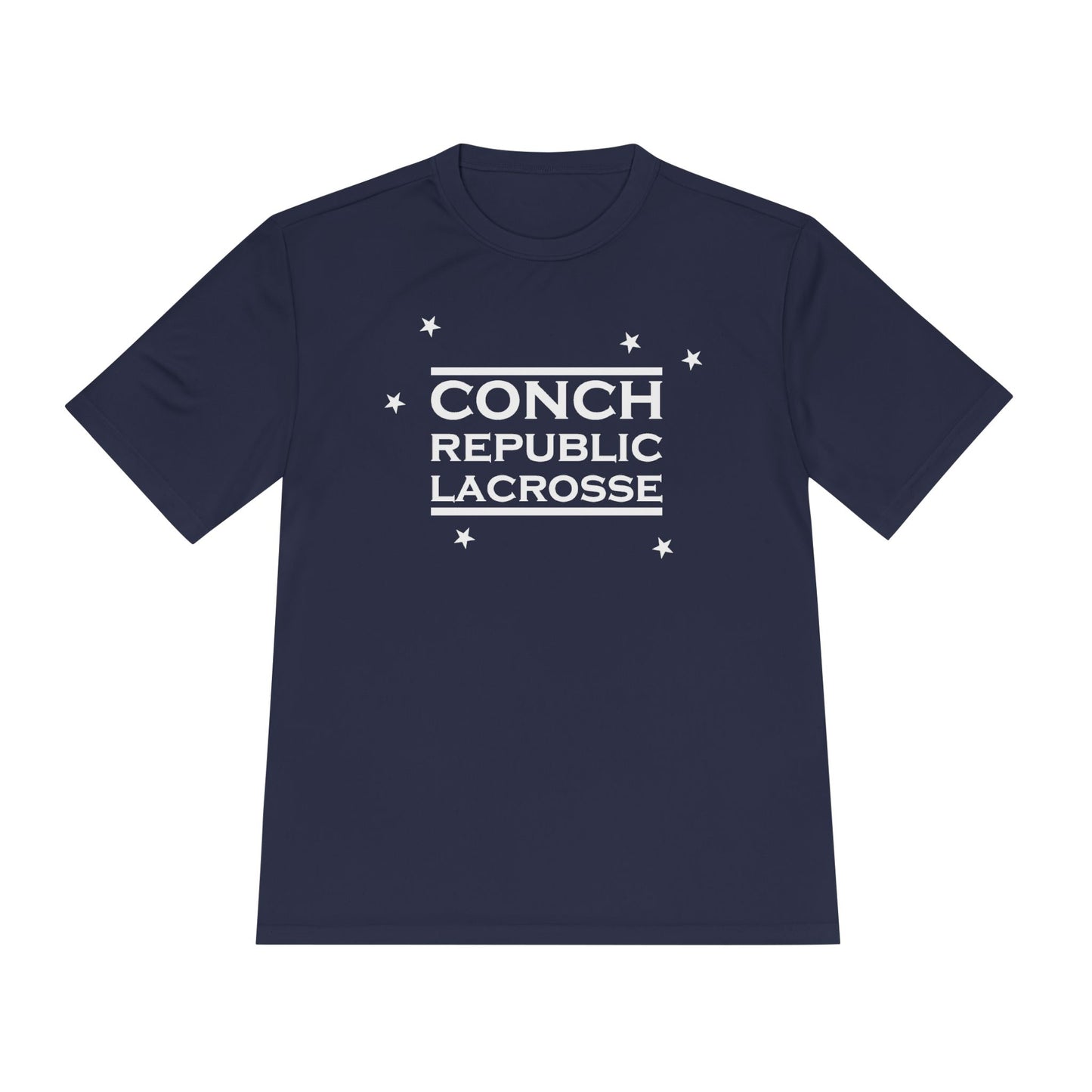 Navy blue t-shirt with 'Conch Republic Lacrosse' text on a white background