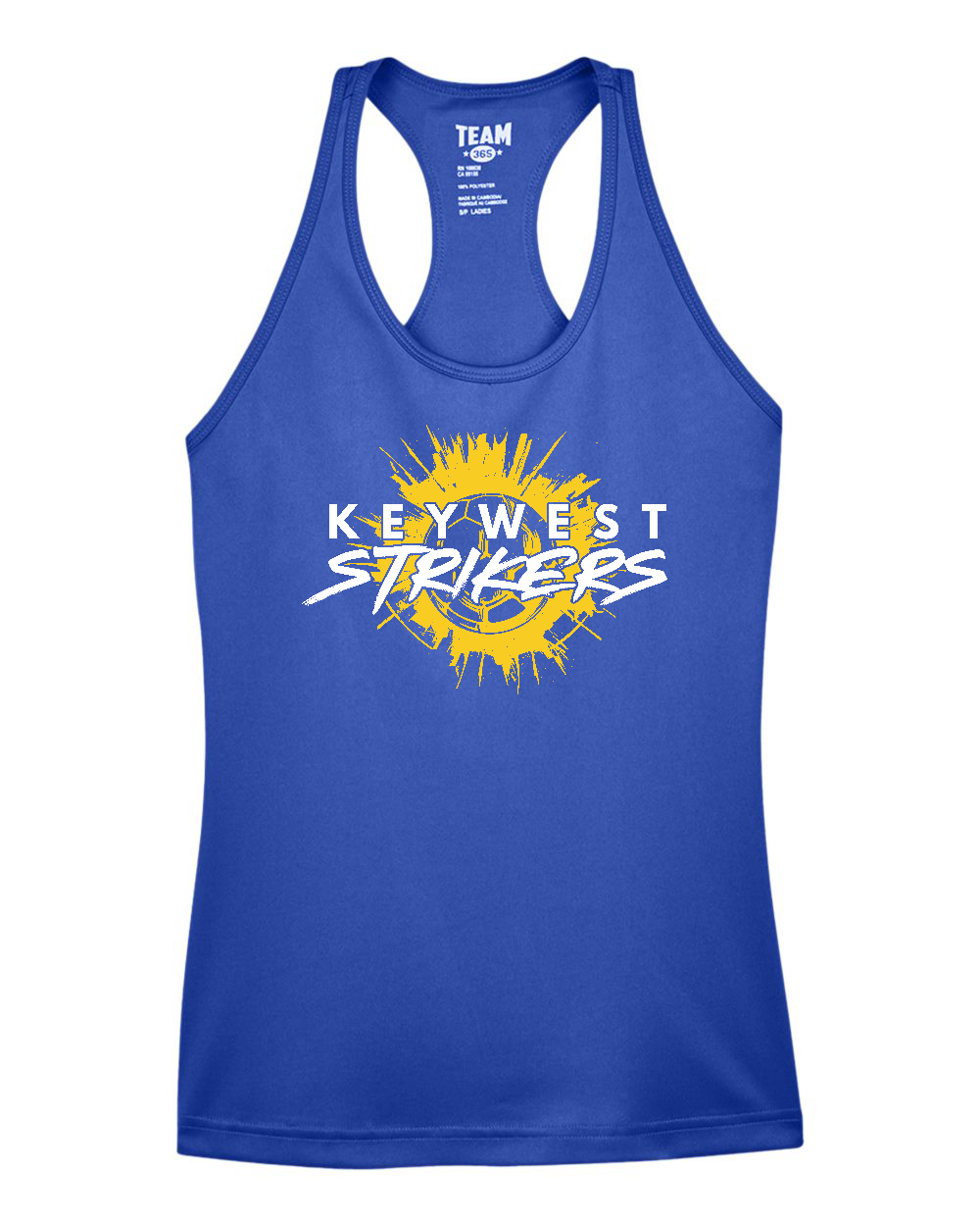 Blue tank top with 'Key West Strikers' logo on a white background