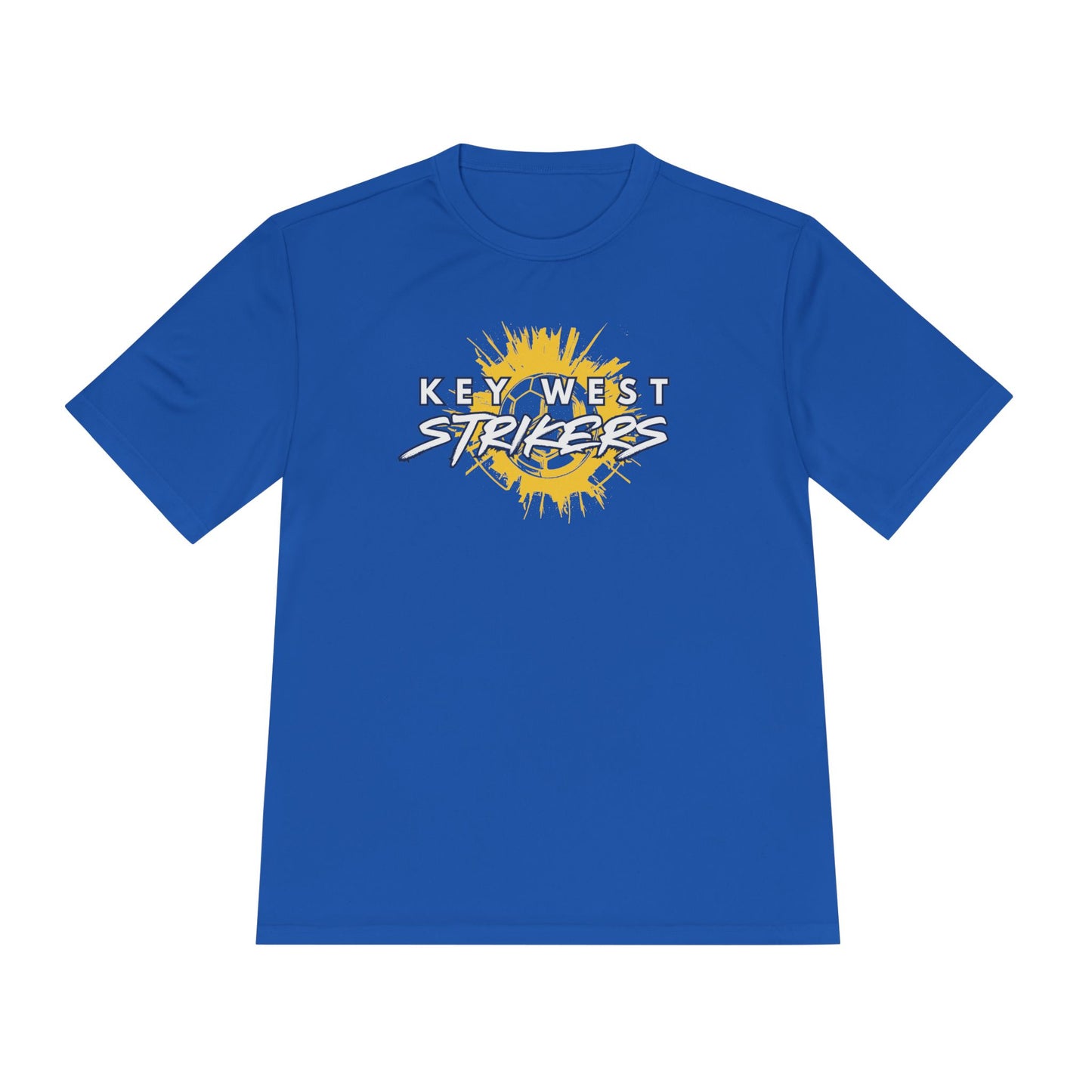 Blue t-shirt with 'Key West Strikers' logo on a white background