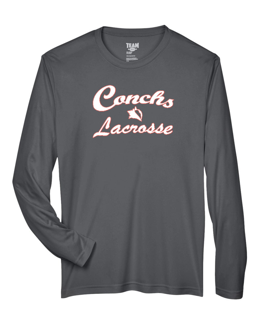 Gray long-sleeve shirt with 'Conchs Lacrosse' text on a white background