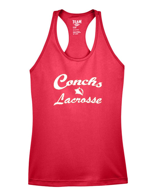 Red tank top with 'Conchs Lacrosse' text on a white background