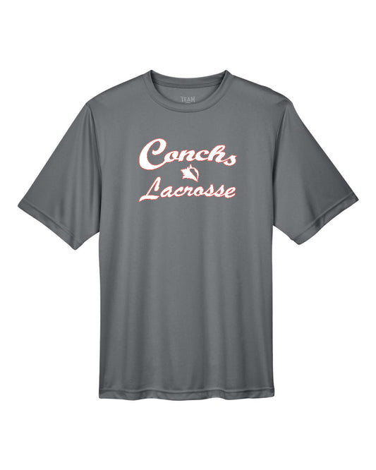 Gray t-shirt with 'Conchs Lacrosse' text on a white background