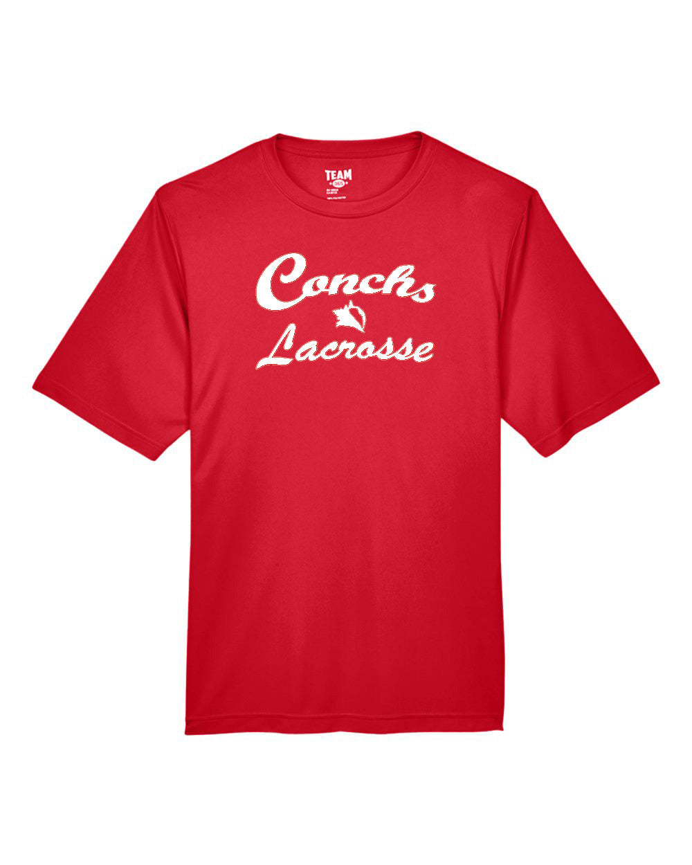 Red t-shirt with 'Conchs Lacrosse' text on a white background
