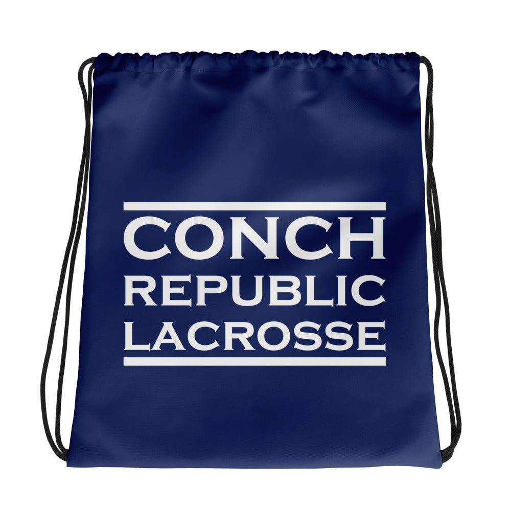 Navy drawstring bag with 'Conch Republic Lacrosse' text on a white background