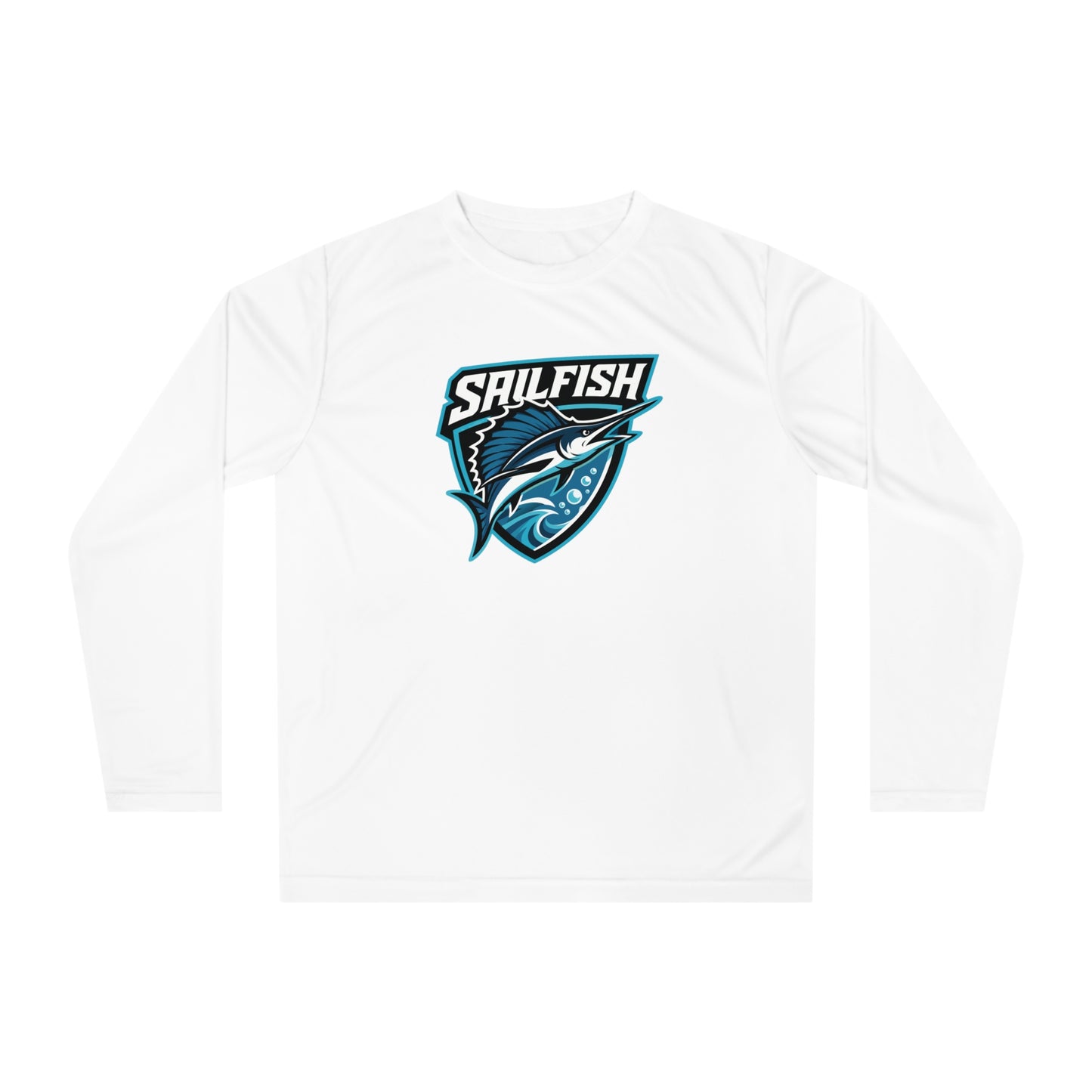 White Sigsbee Sailfish Shield Long-Sleeve Performance Tee product mockup