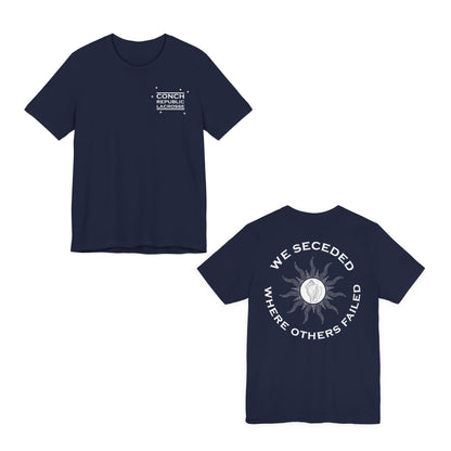 Navy blue t-shirt with white text and graphics on a white background Front and back Conch Republic Lacrosse adult cotton t-shirt