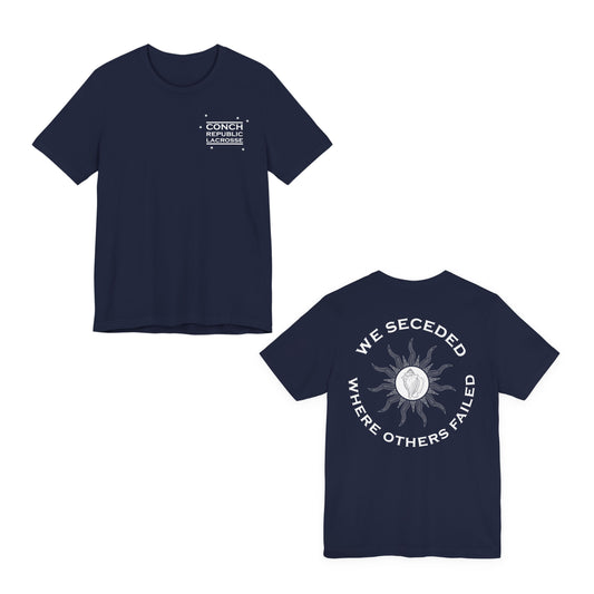 Navy blue t-shirt with white text and graphics on a white background Front and back Conch Republic Lacrosse adult cotton t-shirt