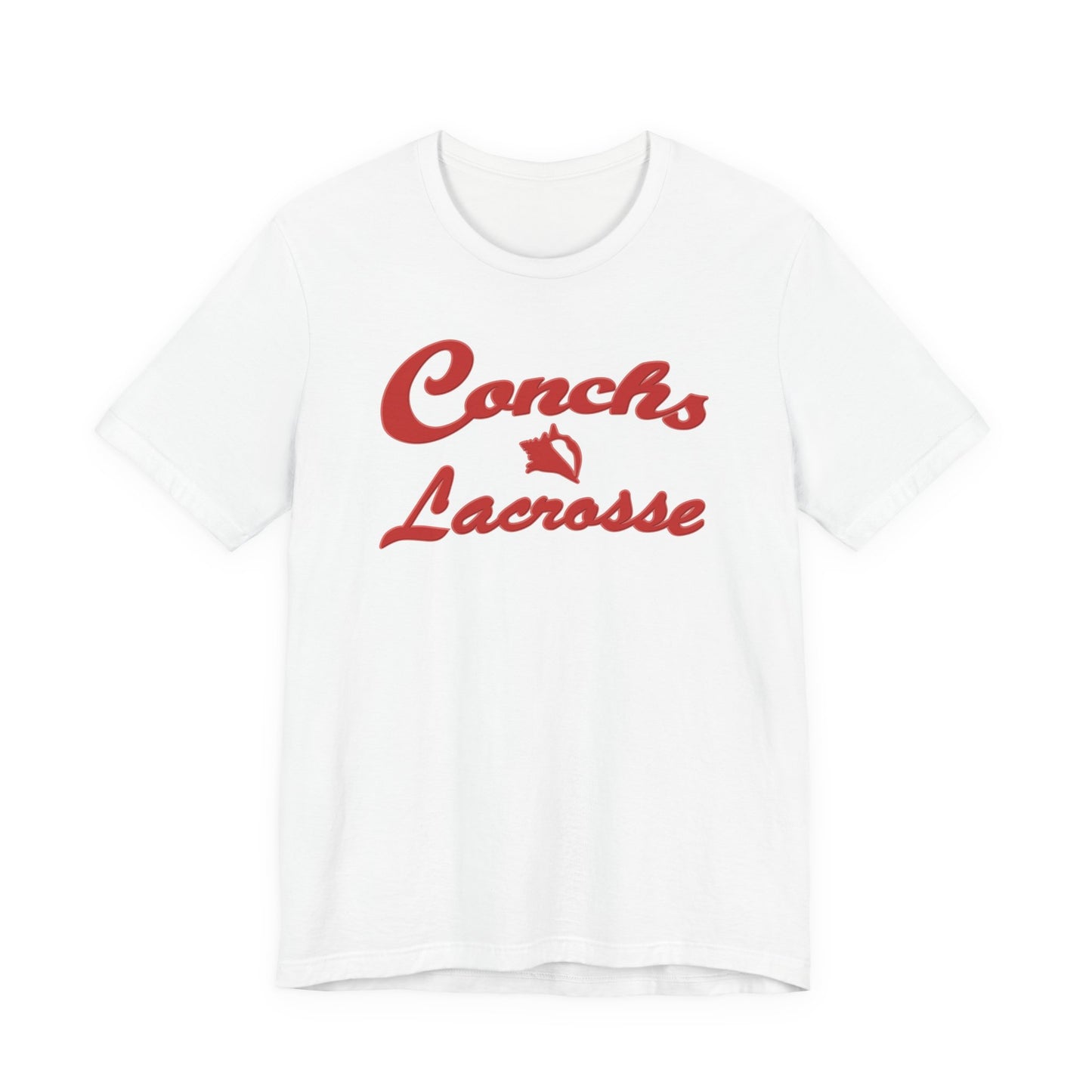 White t-shirt with red 'Conchs Lacrosse' text on a white background