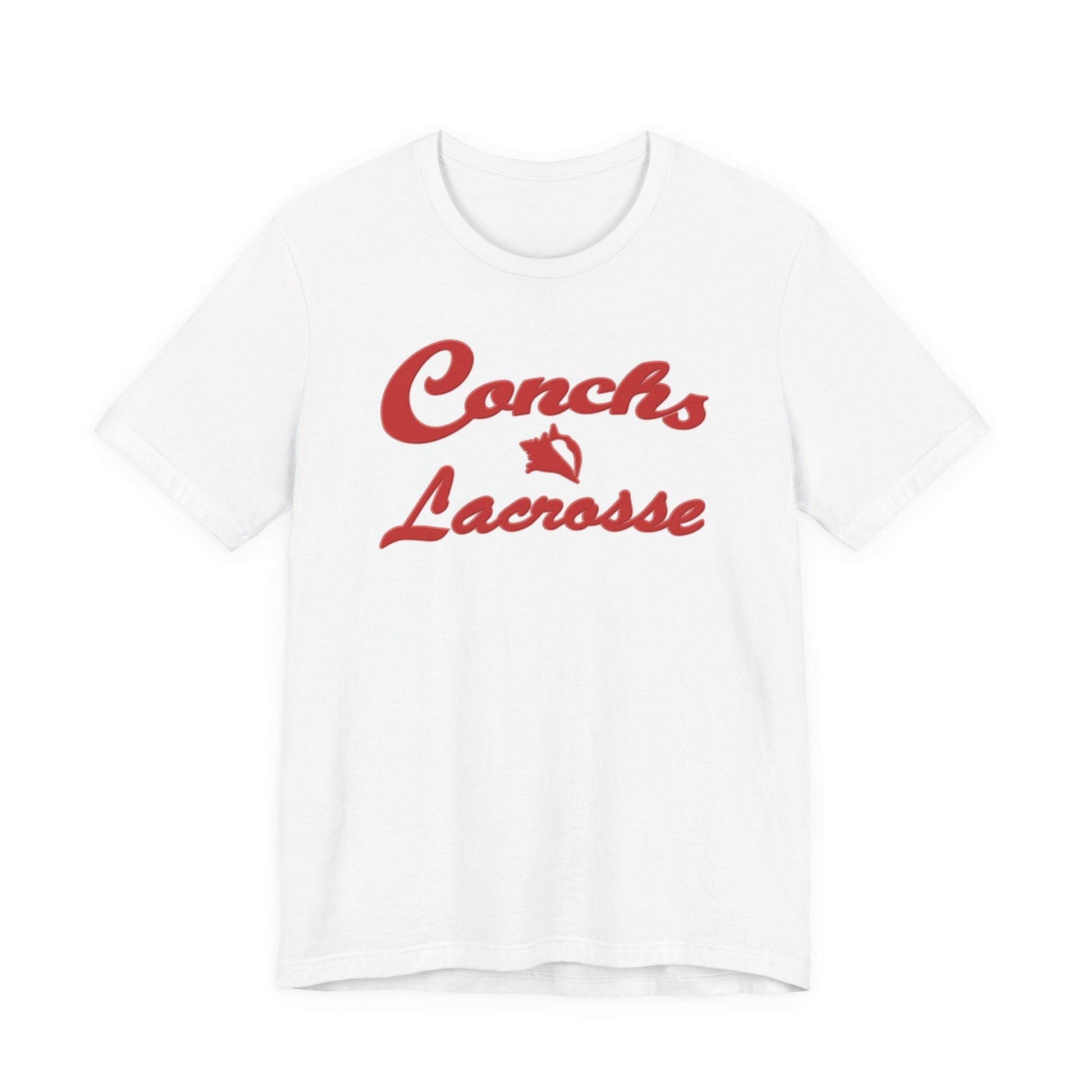 White t-shirt with red 'Conchs Lacrosse' text on a white background