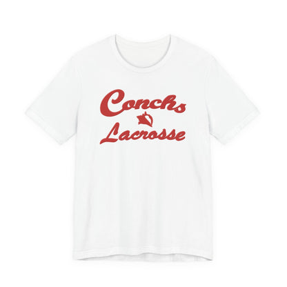 White t-shirt with red 'Conchs Lacrosse' text on a white background