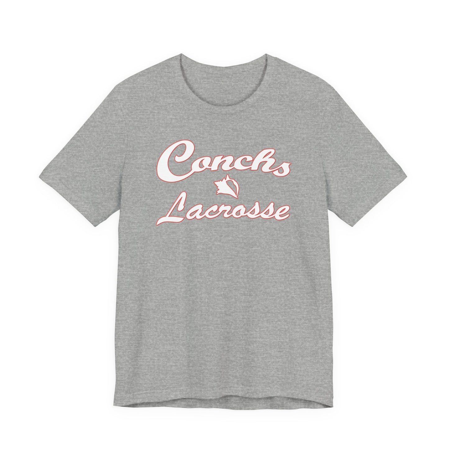 Gray t-shirt with 'Conchs Lacrosse' text and logo on a white background