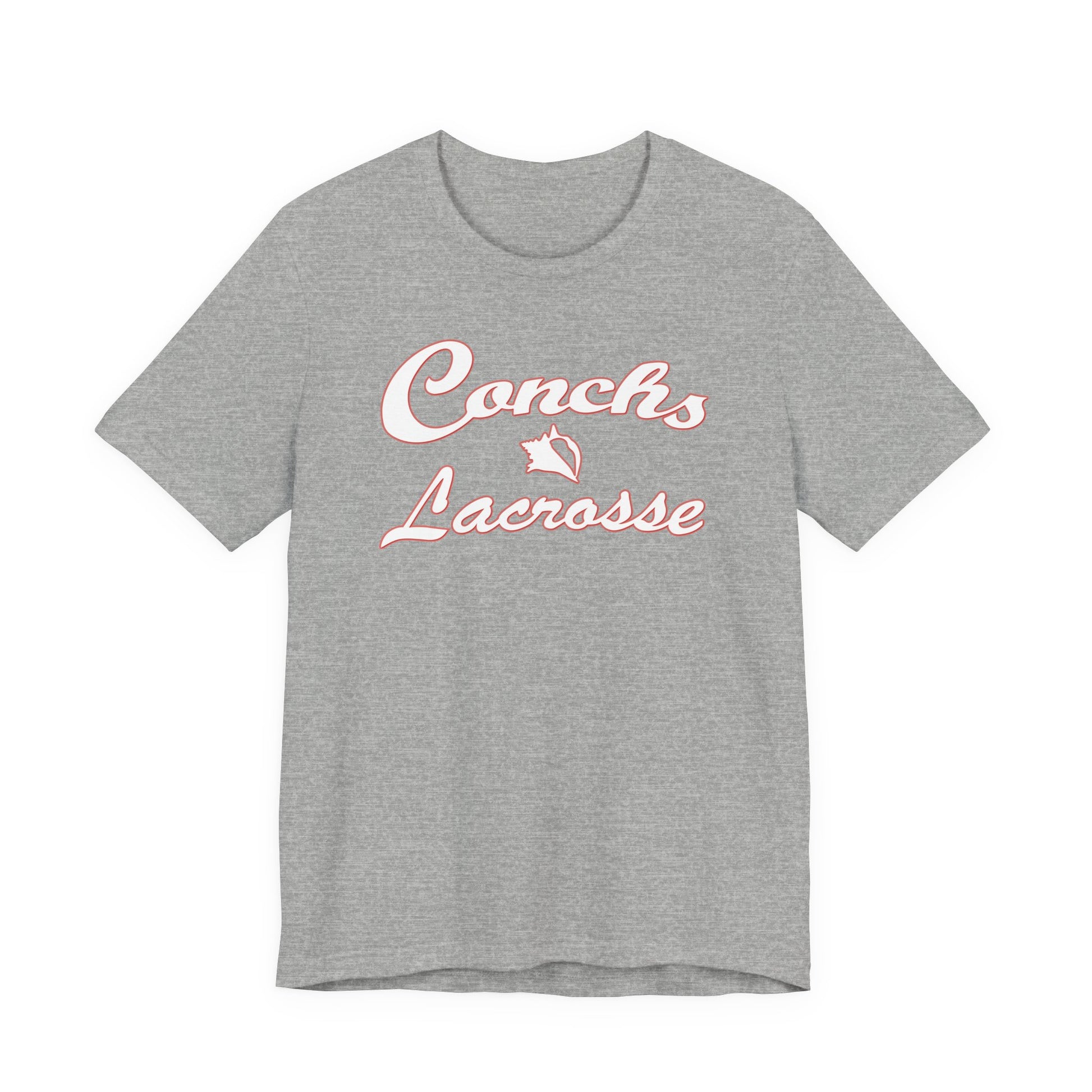 Gray t-shirt with 'Conchs Lacrosse' text and logo on a white background