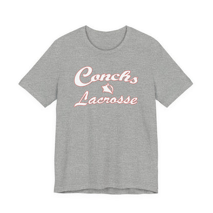 Gray t-shirt with 'Conchs Lacrosse' text and logo on a white background