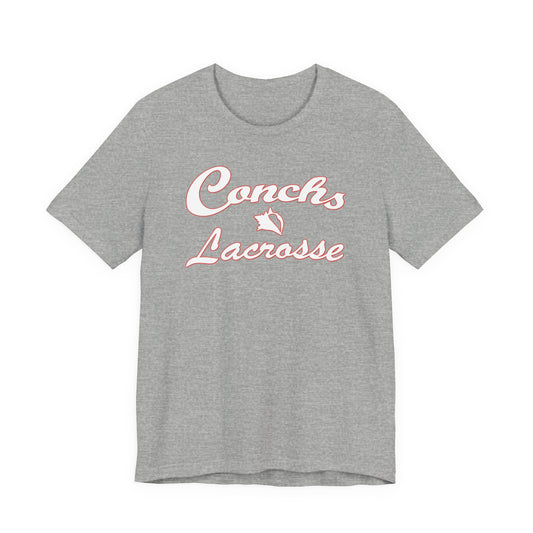 Gray t-shirt with 'Conchs Lacrosse' text and logo on a white background