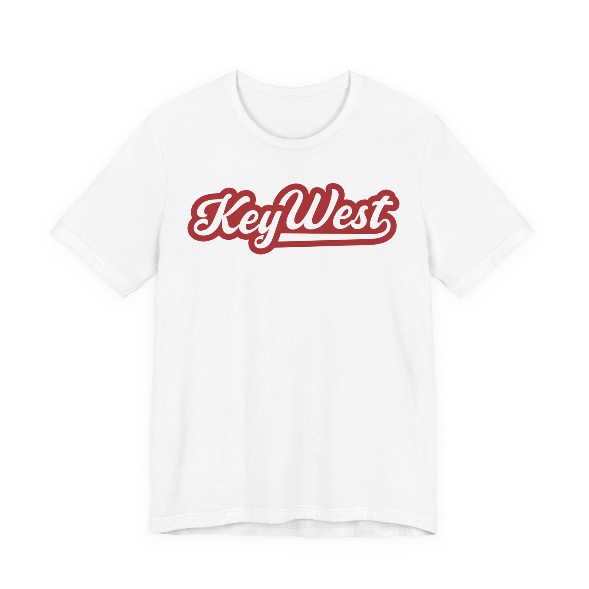 White t-shirt with 'KeyWest' printed in red on a white background