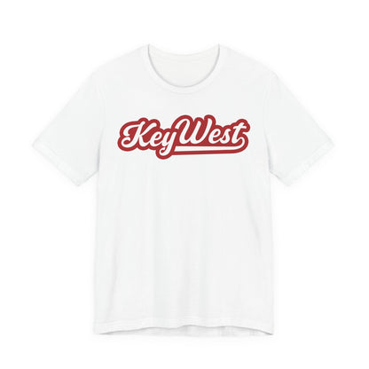 White t-shirt with 'KeyWest' printed in red on a white background