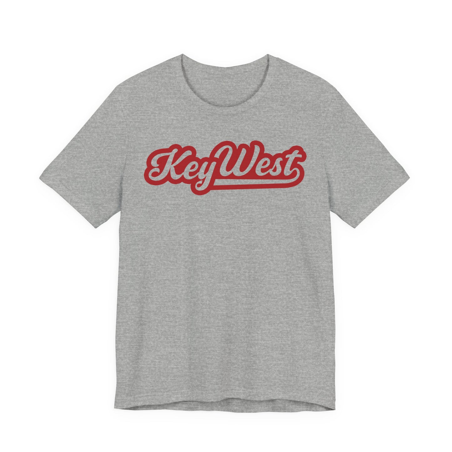 Gray t-shirt with 'KeyWest' printed in red on a white background