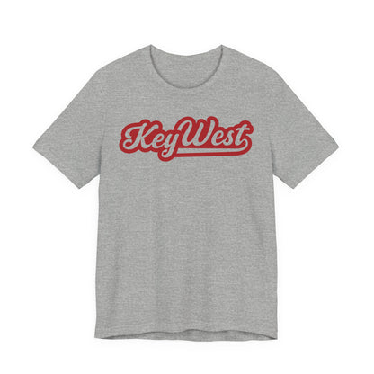 Gray t-shirt with 'KeyWest' printed in red on a white background