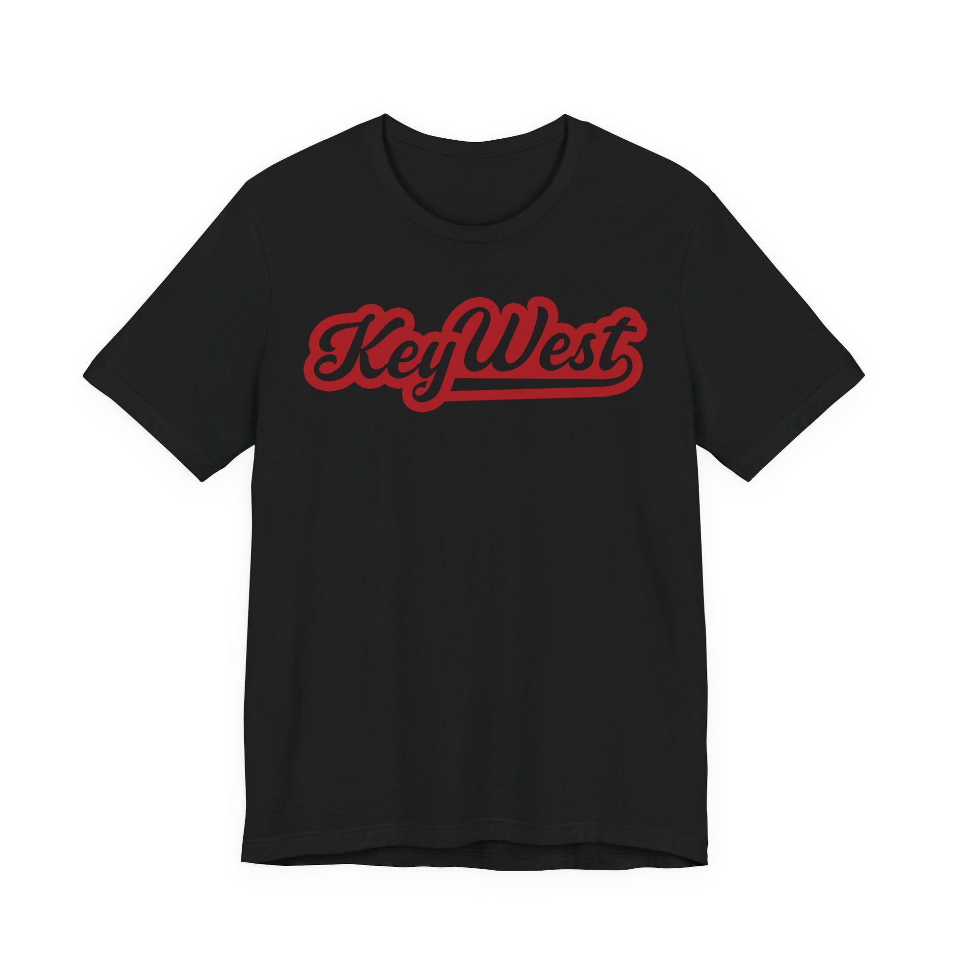 Black t-shirt with 'Key West' printed in red on a white background