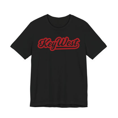 Black t-shirt with 'Key West' printed in red on a white background