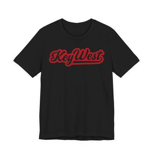 Black t-shirt with 'Key West' printed in red on a white background