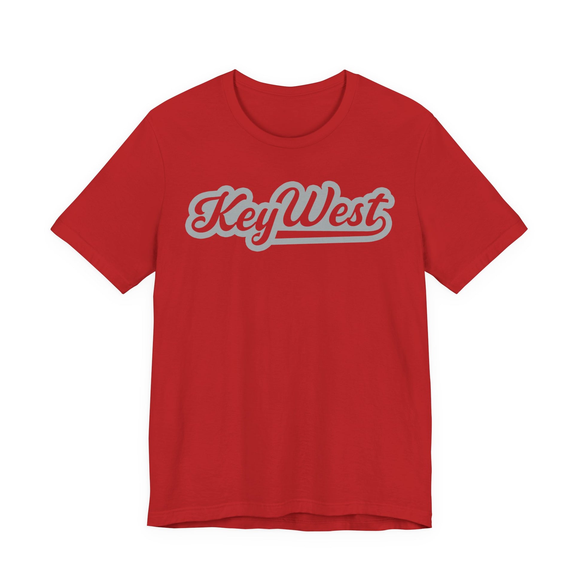 Red t-shirt with 'Key West' text  in grey on a white background