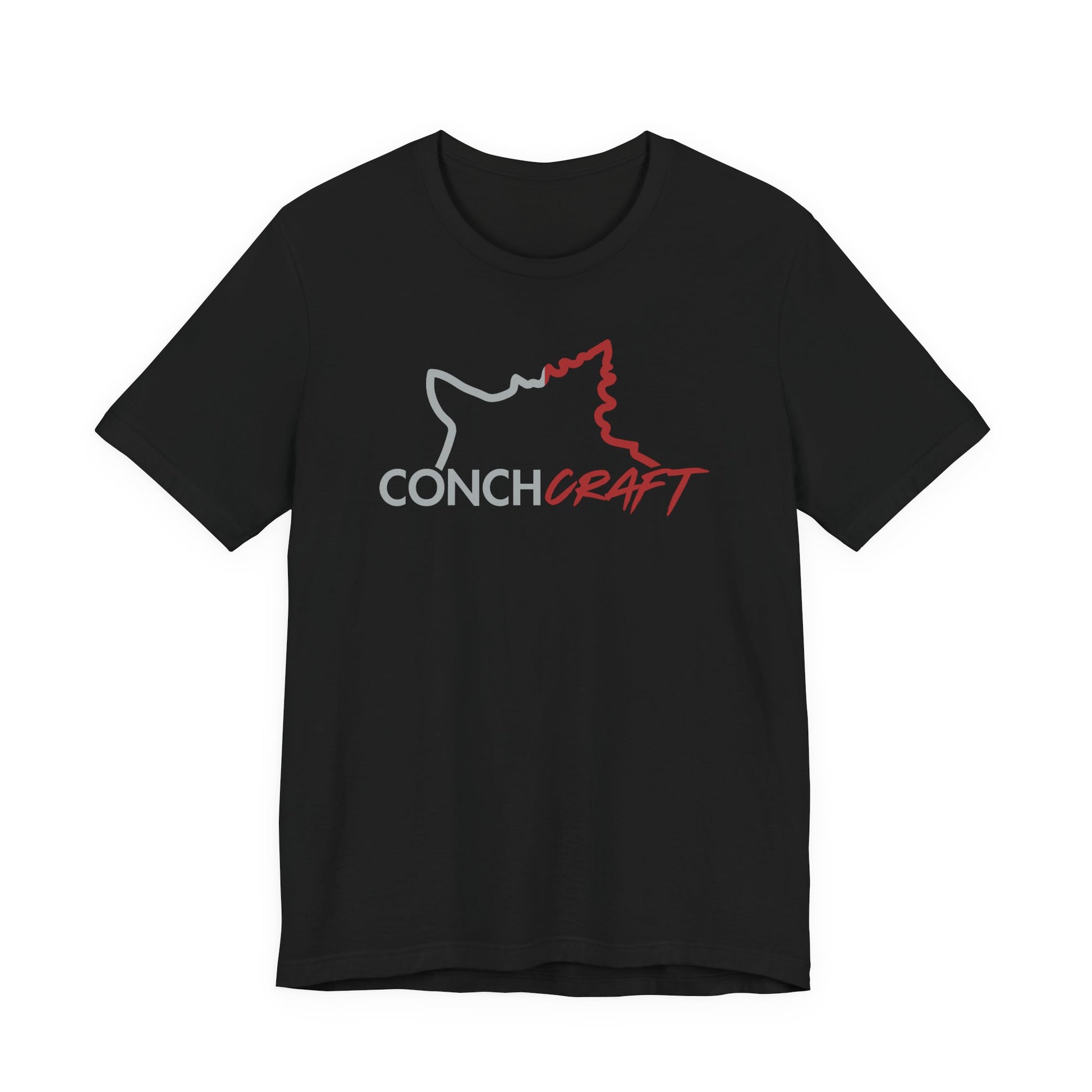 Black t-shirt with 'Conch Craft' logo on a white background