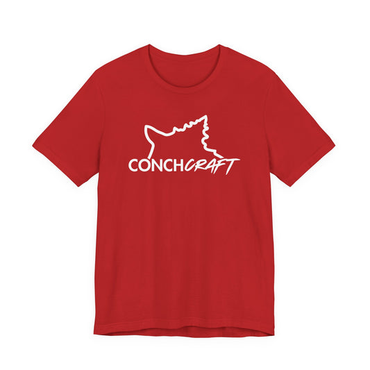 Red t-shirt with white 'Conchcraft' logo on a white background