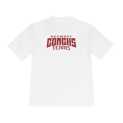 White t-shirt with red 'Keywest Conchs Tennis' text on a white background