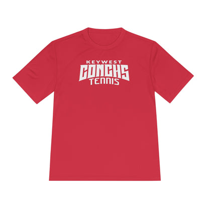 Red t-shirt with 'Keywest Conchs Tennis' text on a white background