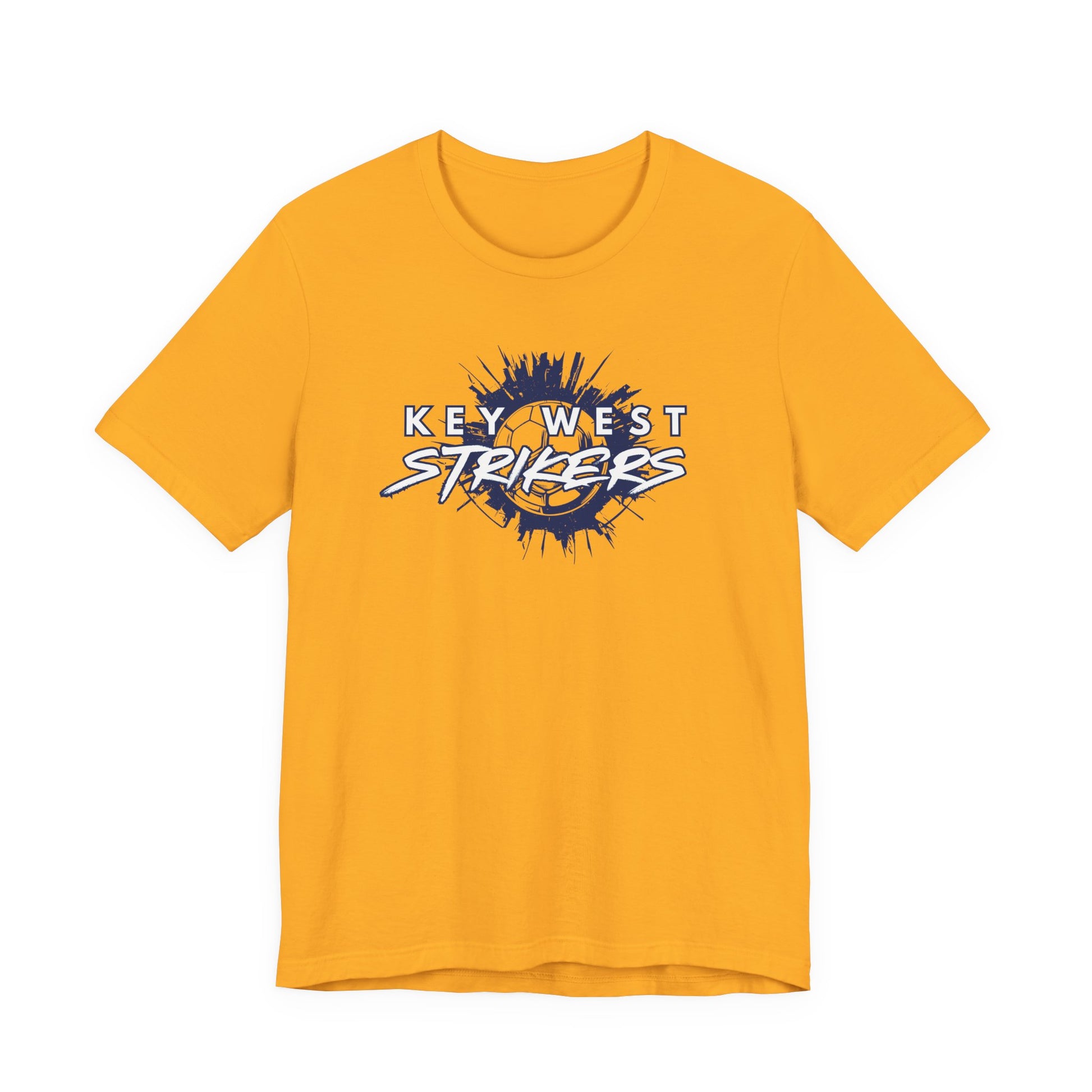 Yellow t-shirt with 'Key West Strikers' logo on a white background