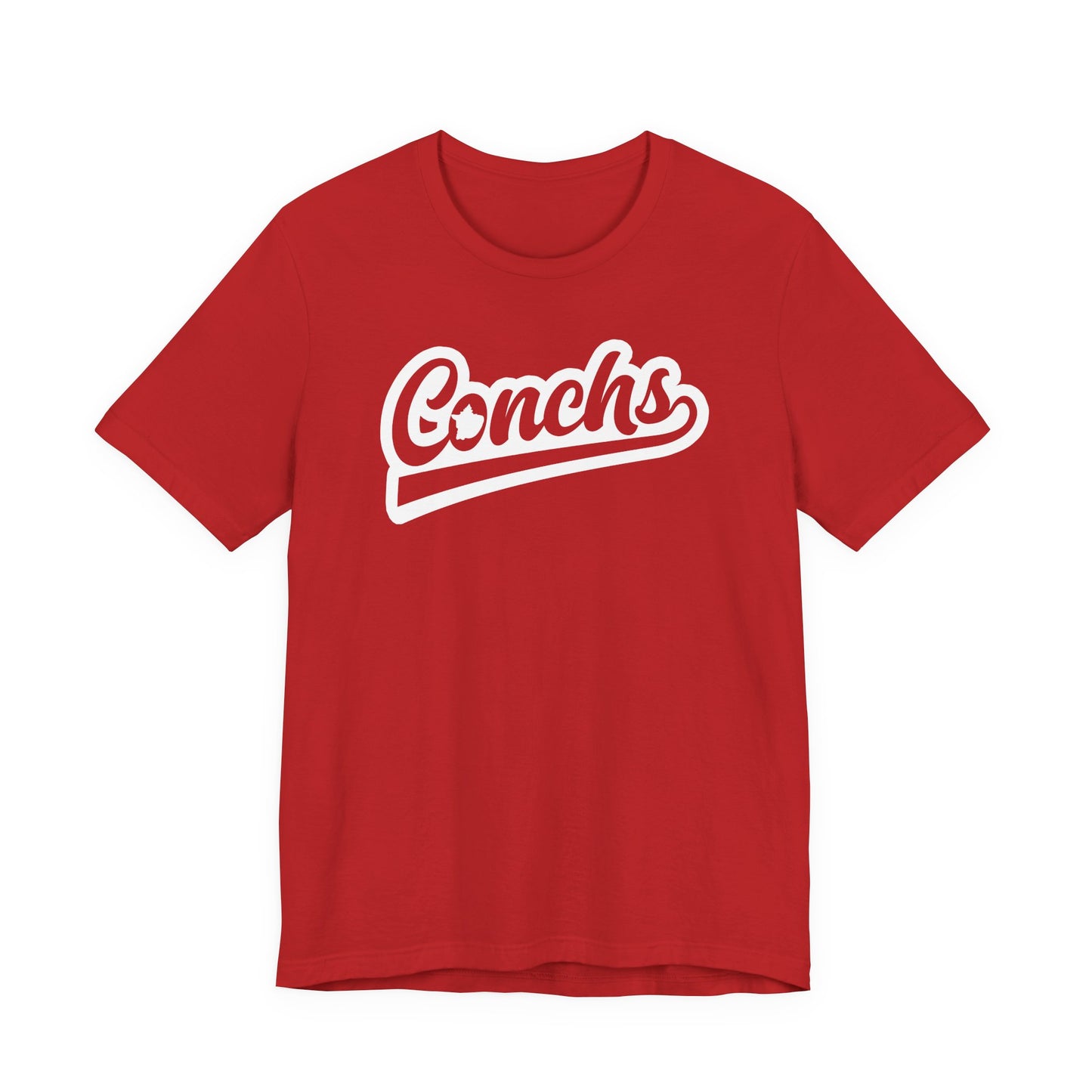 Red t-shirt with 'Conchs' text on a white background