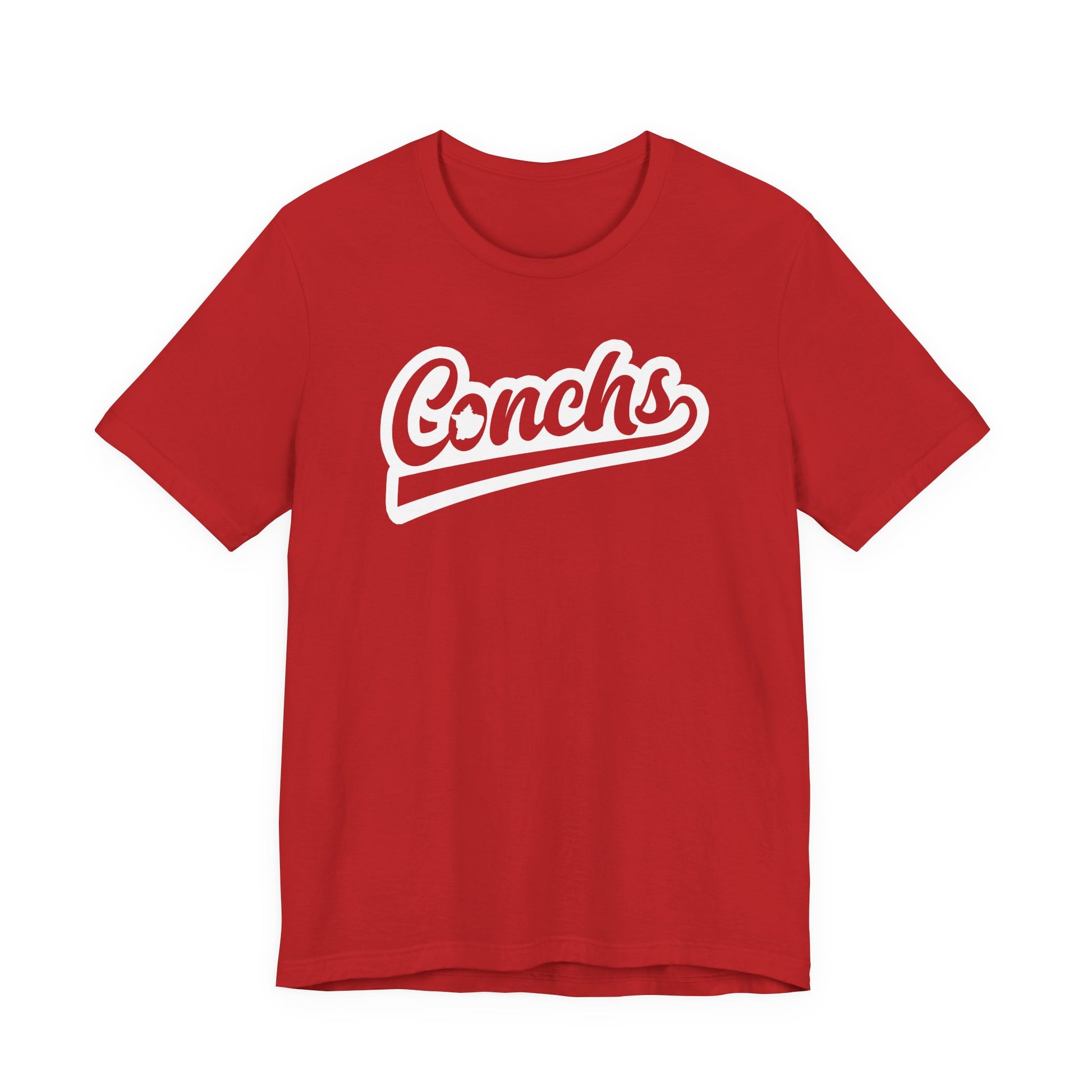 Red t-shirt with 'Conchs' text on a white background
