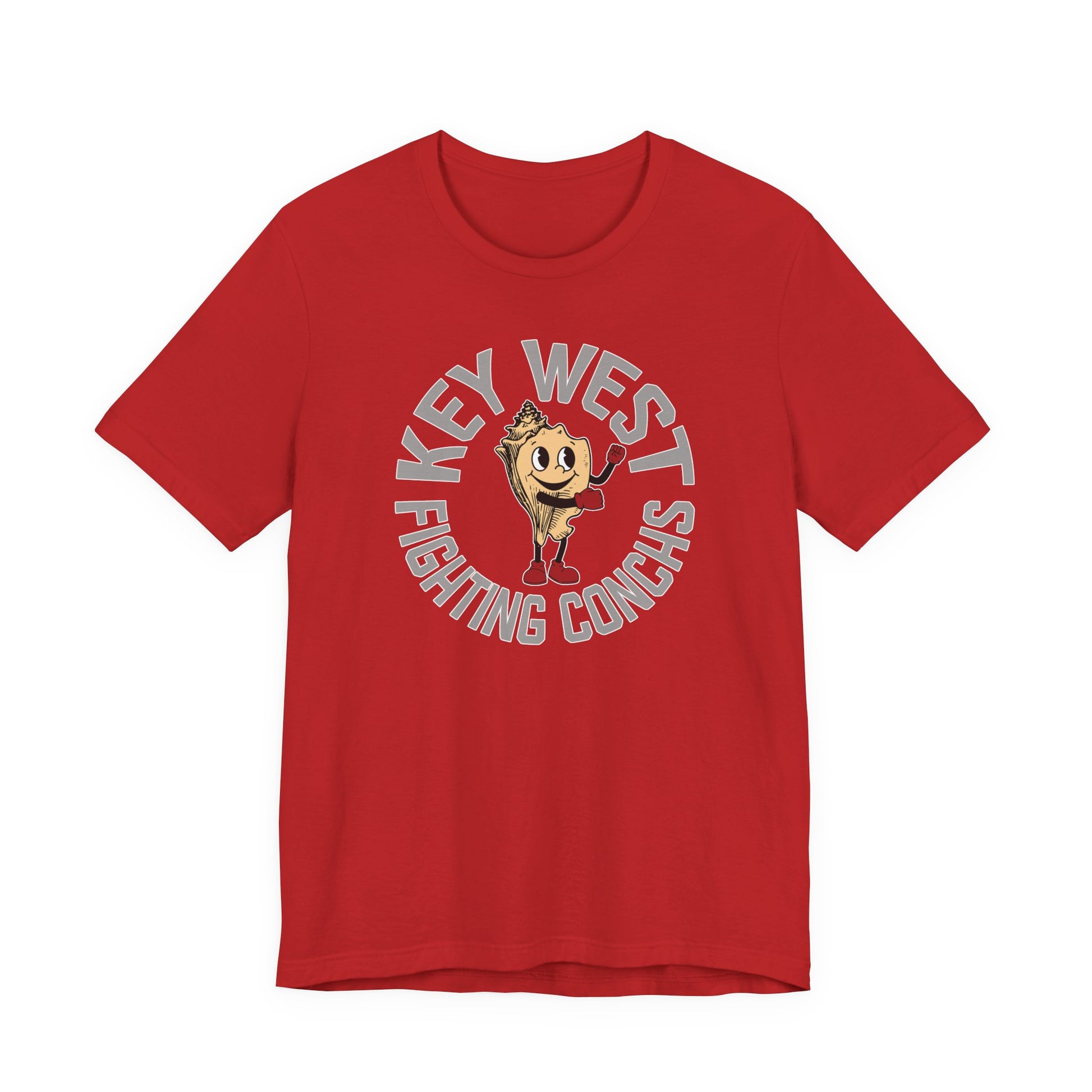 Red t-shirt with 'Key West Fighting Conchs' graphic on a white background