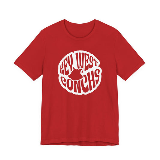 Red t-shirt with 'Key West Conchs' graphic on a white background