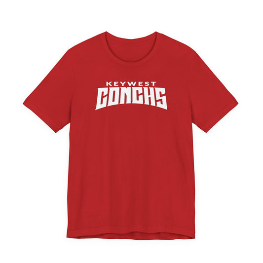 Red t-shirt with 'Keywest Conchs' text on a white background
