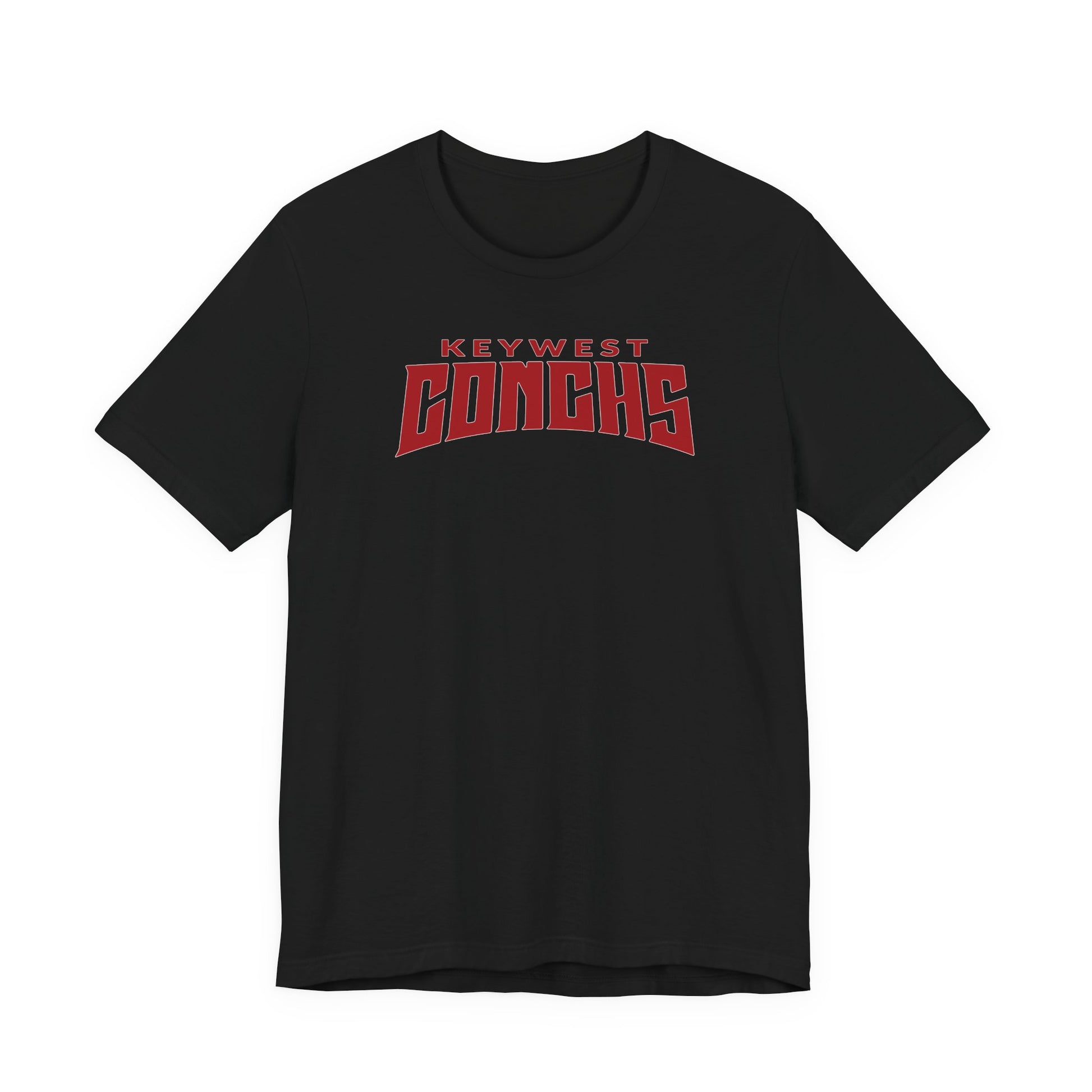 Black t-shirt with 'Keywest Conchs' text in red on a white background