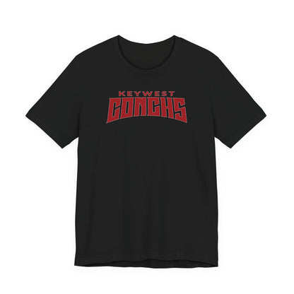 Black t-shirt with 'Keywest Conchs' text in red on a white background