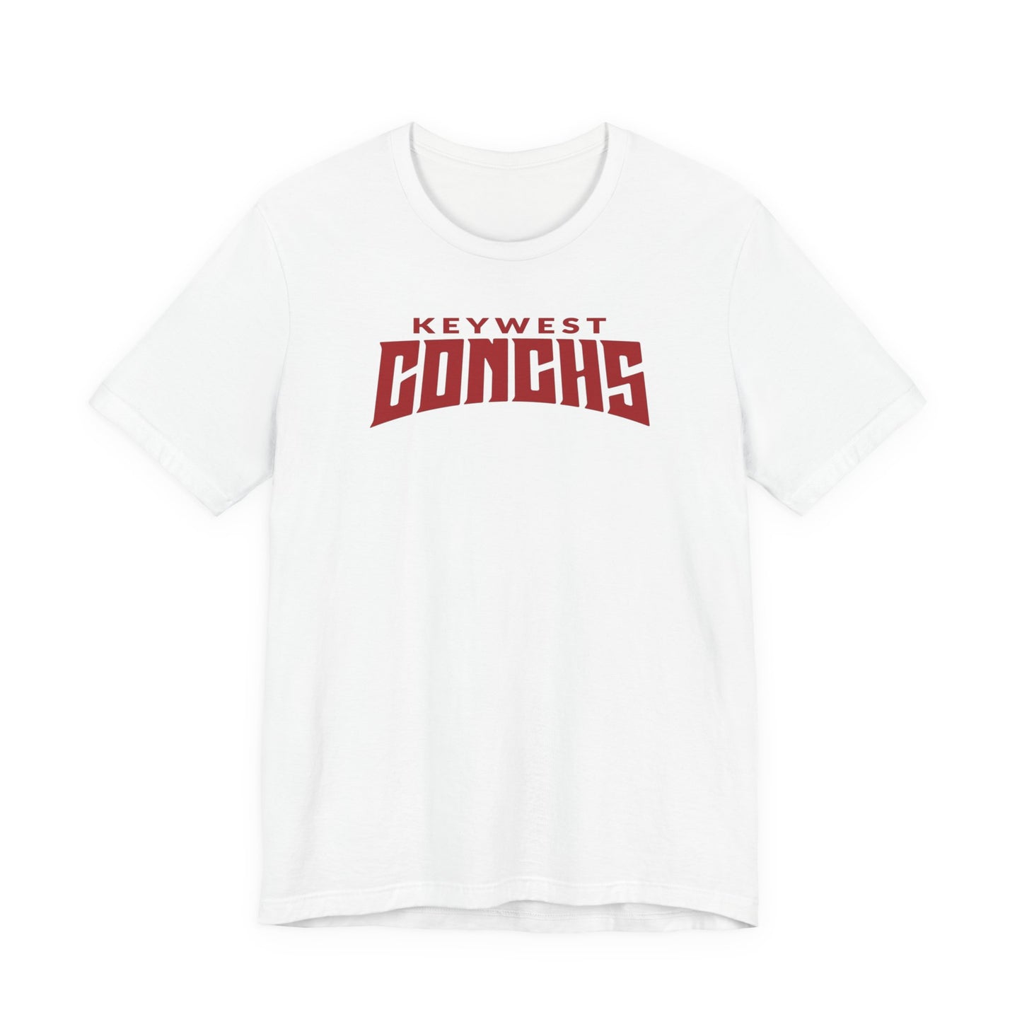 White t-shirt with 'Keywest Conchs' text in red on a white background