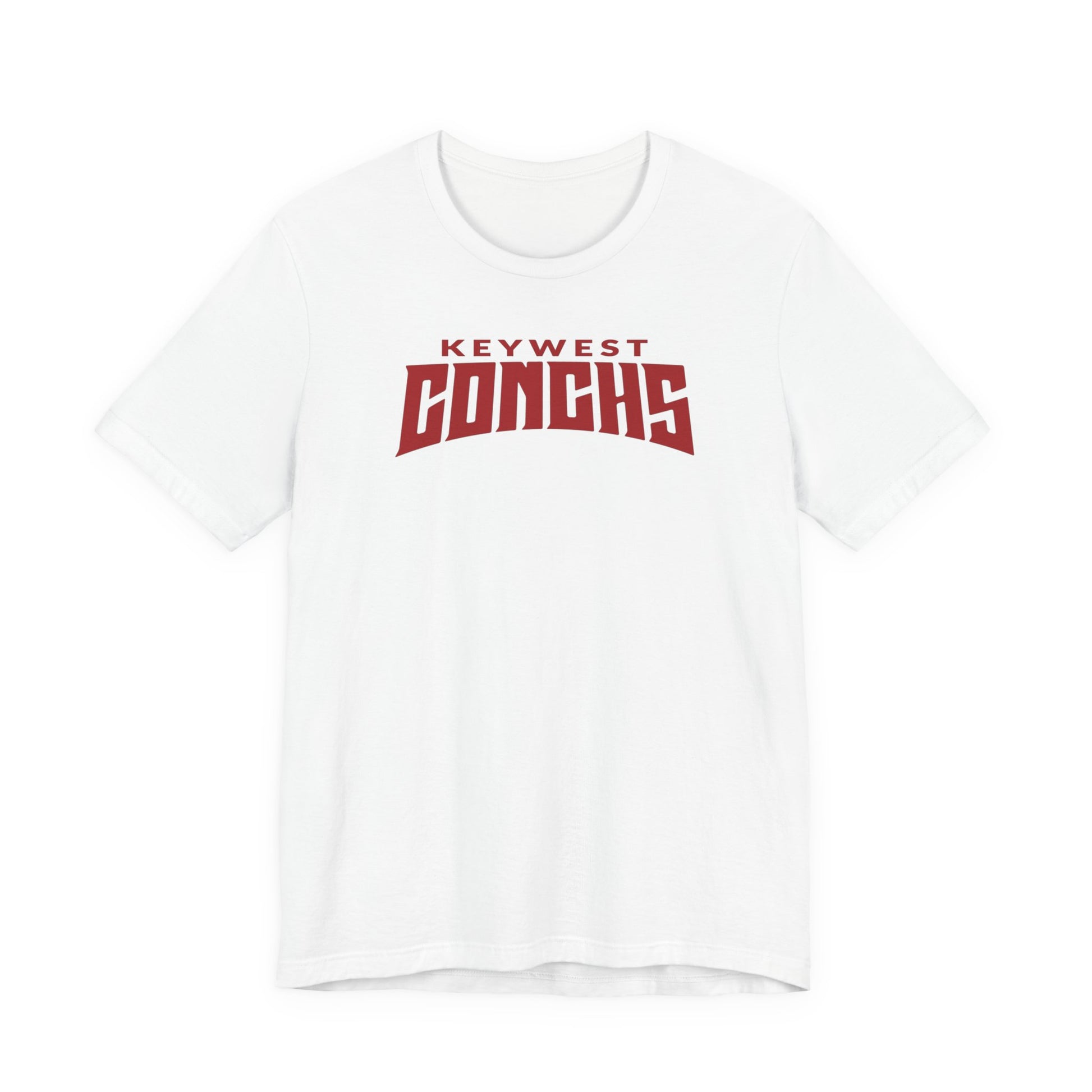White t-shirt with 'Keywest Conchs' text in red on a white background