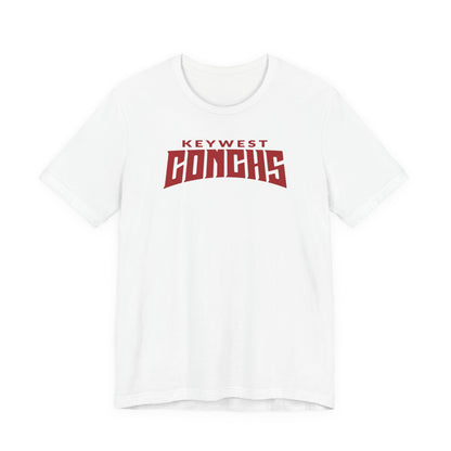 White t-shirt with 'Keywest Conchs' text in red on a white background