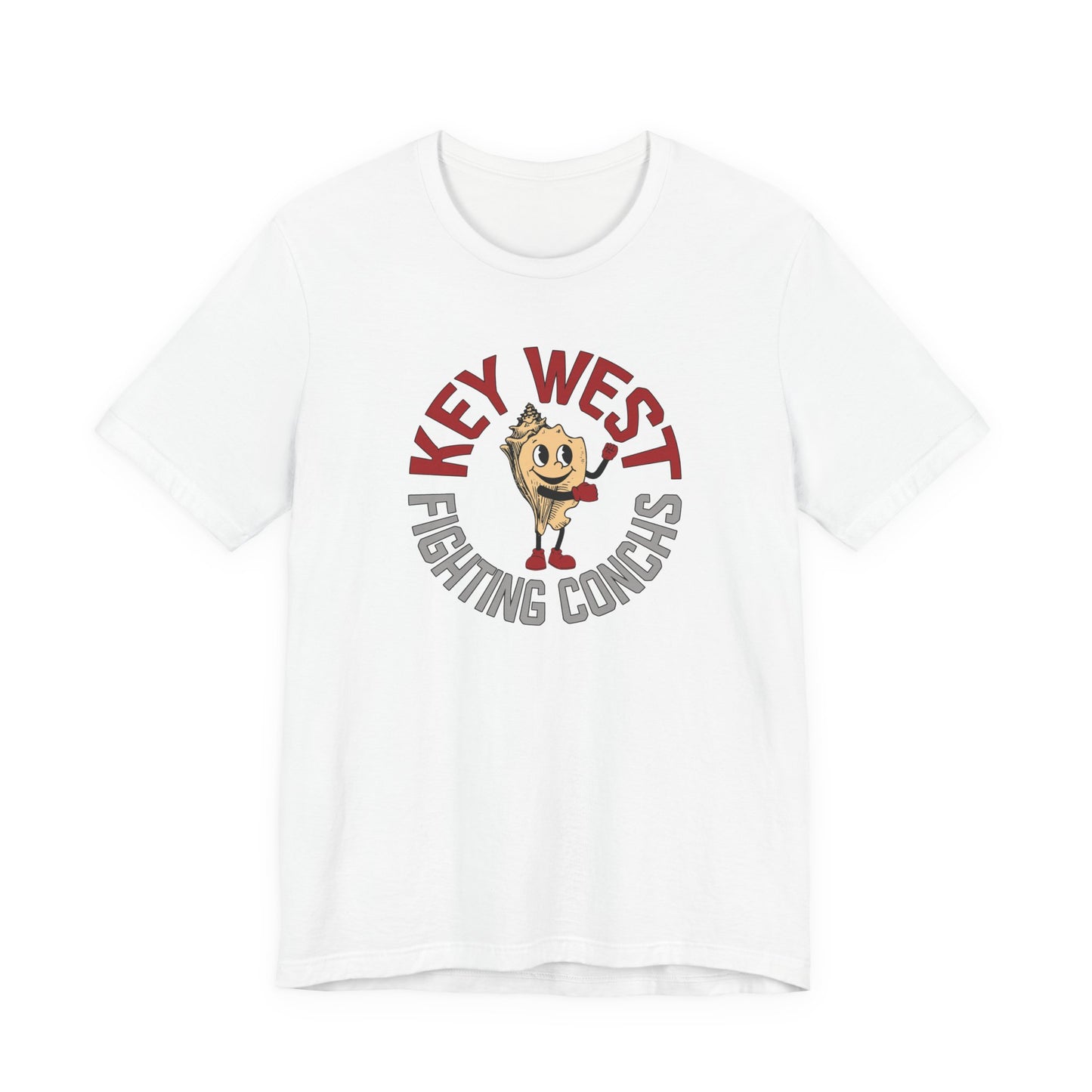 White t-shirt with 'Key West Fighting Conchs' graphic on a white background
