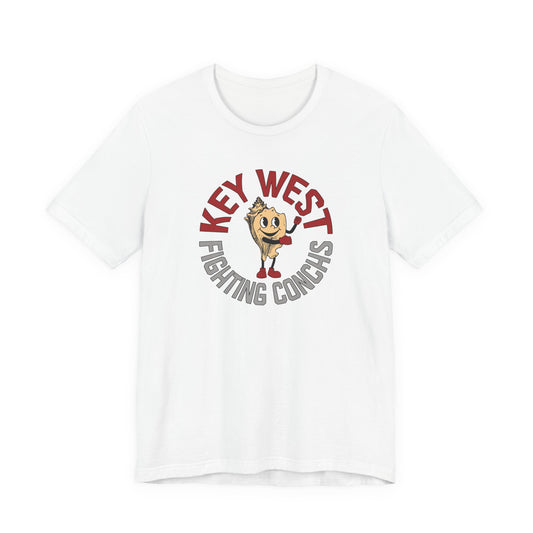 White t-shirt with 'Key West Fighting Conchs' graphic on a white background